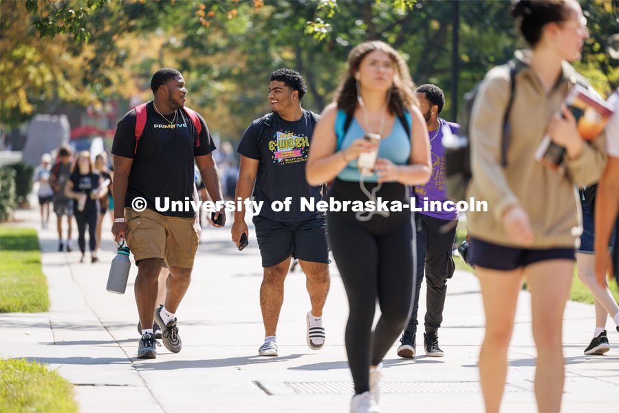 Students pass between classes on city campus. August 29, 2023. Photo by Craig Chandler/ University Communication.