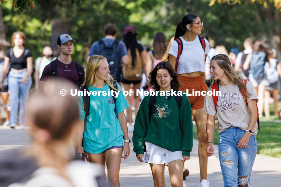Students pass between classes on city campus. August 29, 2023. Photo by Craig Chandler/ University Communication.
