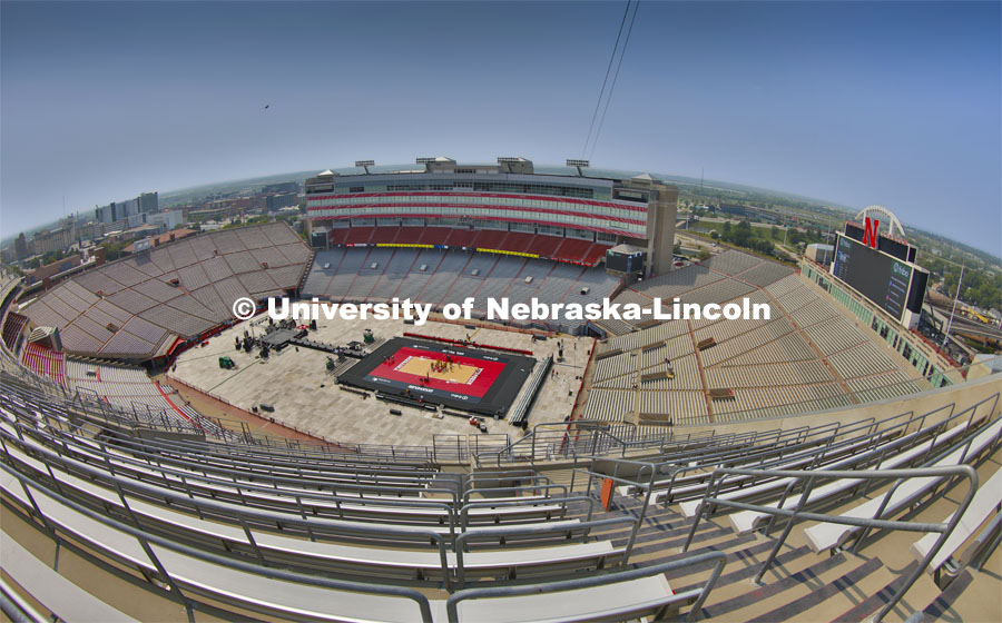 Memorial Stadium's Tom Osborne Field is transformed into Terry Pettit Court.Practice day Tuesday for Volleyball Day in Nebraska. August 29, 2023. Photo by Craig Chandler / University Communication.