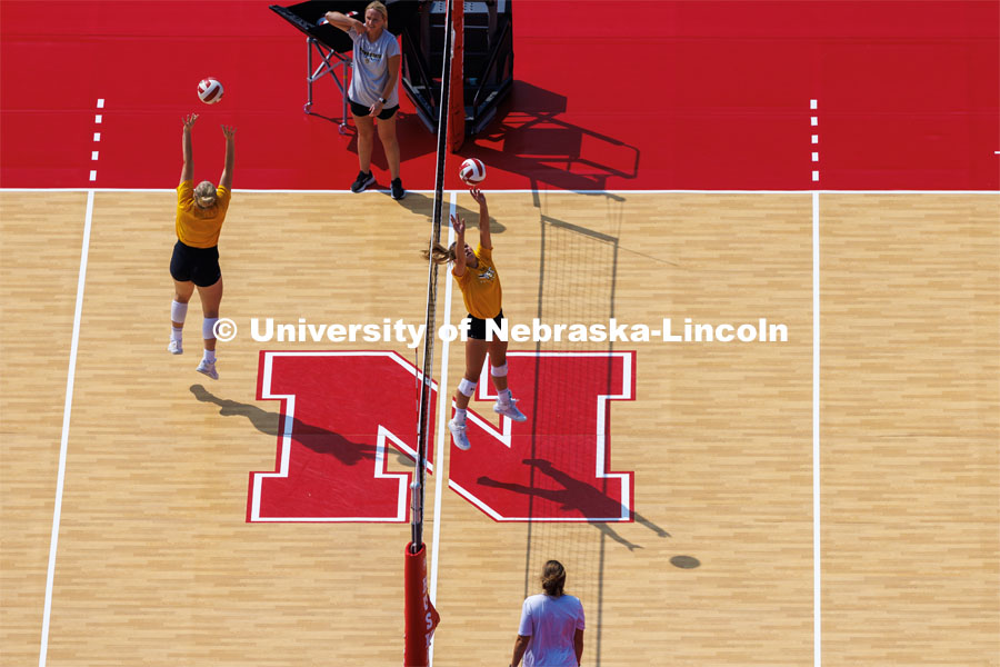 Memorial Stadium's Tom Osborne Field is transformed into Terry Pettit Court.Practice day Tuesday for Volleyball Day in Nebraska. August 29, 2023. Photo by Craig Chandler / University Communication.