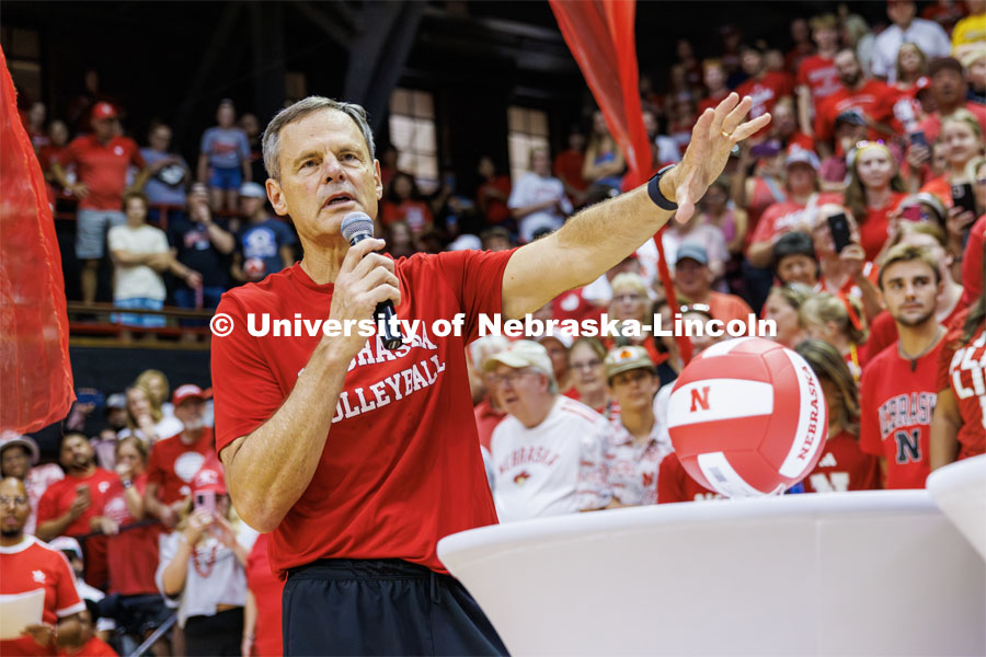 John Cook speaks to the crowd at the Rally at the Coliseum. Volleyball Day in Nebraska. Husker Nation stole the show on Volleyball Day in Nebraska. The announced crowd of 92,003 surpassed the previous world record crowd for a women’s sporting event of 91,648 fans at a 2022 soccer match between Barcelona and Wolfsburg. Nebraska also drew the largest crowd in the 100-year history of Memorial Stadium for Wednesday’s match. August 30, 2023. Photo by Craig Chandler / University Communication.   