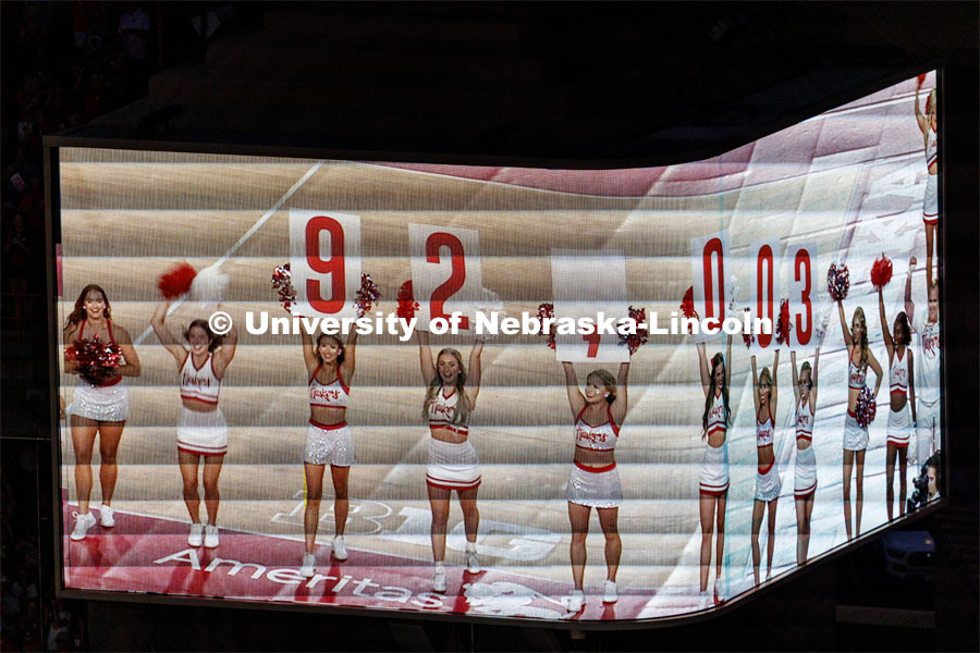Seen on the video screen, the cheer squad holds up the attendance total. Volleyball Day in Nebraska. Husker Nation stole the show on Volleyball Day in Nebraska. The announced crowd of 92,003 surpassed the previous world record crowd for a women’s sporting event of 91,648 fans at a 2022 soccer match between Barcelona and Wolfsburg. Nebraska also drew the largest crowd in the 100-year history of Memorial Stadium for Wednesday’s match. August 30, 2023. Photo by Craig Chandler / University Communication.