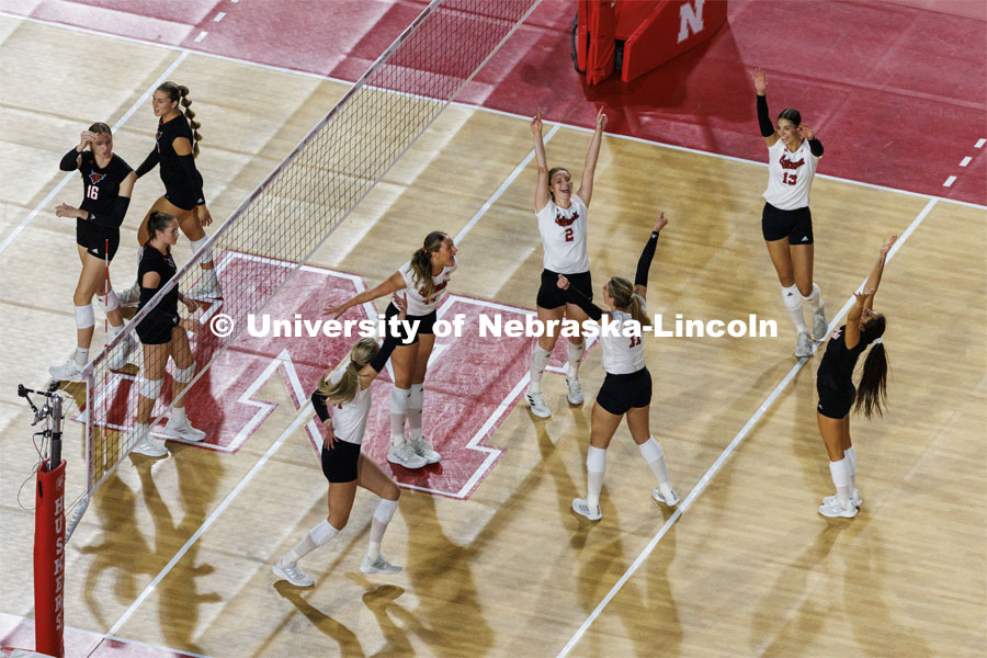 The Huskers celebrate match point over the UNO Mavericks. Volleyball Day in Nebraska. Husker Nation stole the show on Volleyball Day in Nebraska. The announced crowd of 92,003 surpassed the previous world record crowd for a women’s sporting event of 91,648 fans at a 2022 soccer match between Barcelona and Wolfsburg. Nebraska also drew the largest crowd in the 100-year history of Memorial Stadium for Wednesday’s match. August 30, 2023. Photo by Craig Chandler / University Communication.