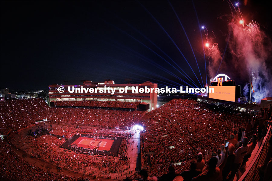 Fireworks soar high in the sky at Volleyball Day in Nebraska. Husker Nation stole the show on Volleyball Day in Nebraska. The announced crowd of 92,003 surpassed the previous world record crowd for a women’s sporting event of 91,648 fans at a 2022 soccer match between Barcelona and Wolfsburg. Nebraska also drew the largest crowd in the 100-year history of Memorial Stadium for Wednesday’s match. August 30, 2023. Photo by Craig Chandler / University Communication.
