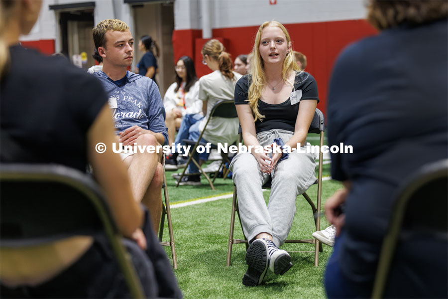 Students sit in discussion circles during Husker Dialogues in the Coliseum and Cook Pavilion. September 6, 2023. Photo by Craig Chandler / University Communication.