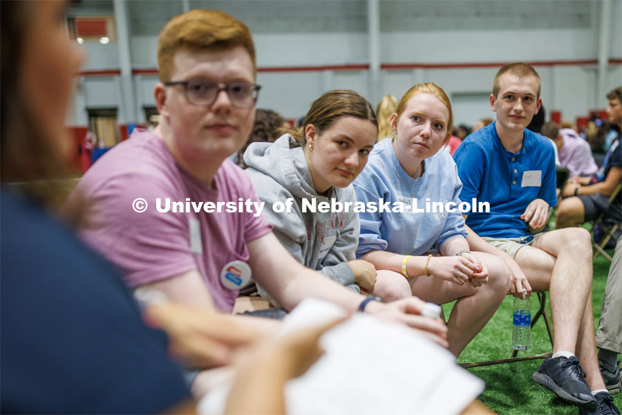 Students sit in discussion circles during Husker Dialogues in the Coliseum and Cook Pavilion. September 6, 2023. Photo by Craig Chandler / University Communication.