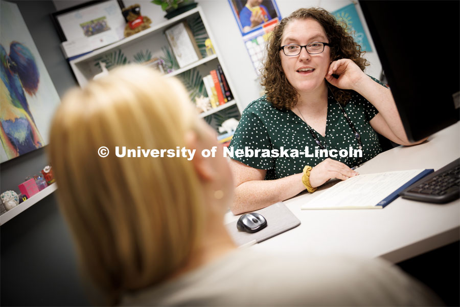 Meagan Savage talks with Camryn Kelly, a junior from Eldorado Hills, California, during an advising session. September 8, 2023. Photo by Craig Chandler / University Communication.
