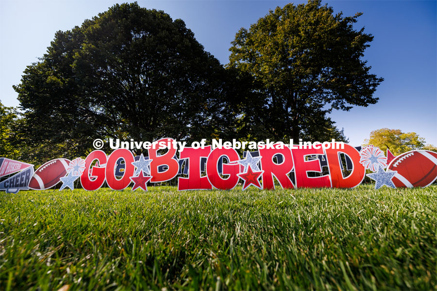Signs at the Student Tailgate in the greenspace north of the Nebraska Union. Nebraska vs. Northern Illinois football in Memorial Stadium. September 16, 2023. Photo by Craig Chandler / University Communication.