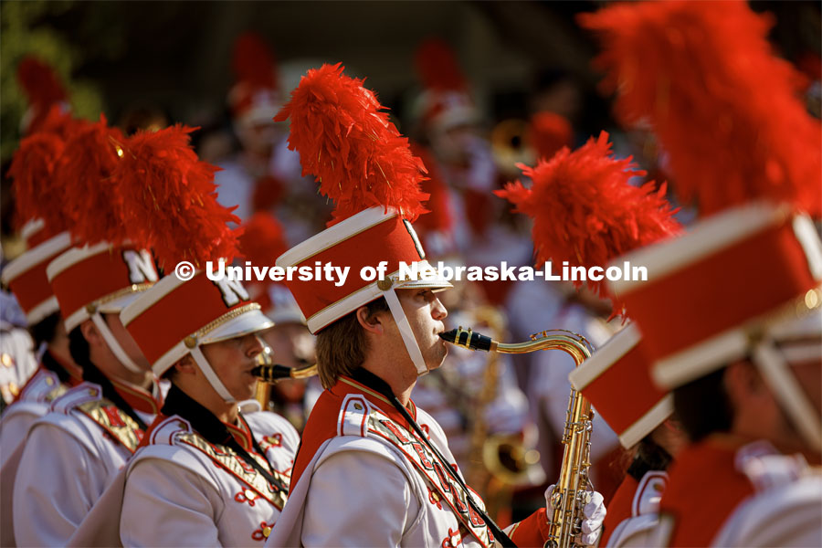 Cornhusker Marching Band warm-up concert on the south side of Woods Art Building. Northern Illinois football in Memorial Stadium. September 16, 2023. Photo by Craig Chandler / University Communication.