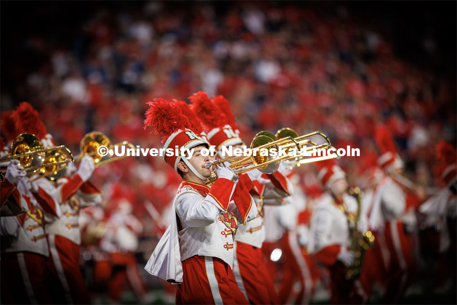 Cornhusker Marching Band performs at halftime. Northern Illinois football in Memorial Stadium. September 16, 2023. Photo by Craig Chandler / University Communication.