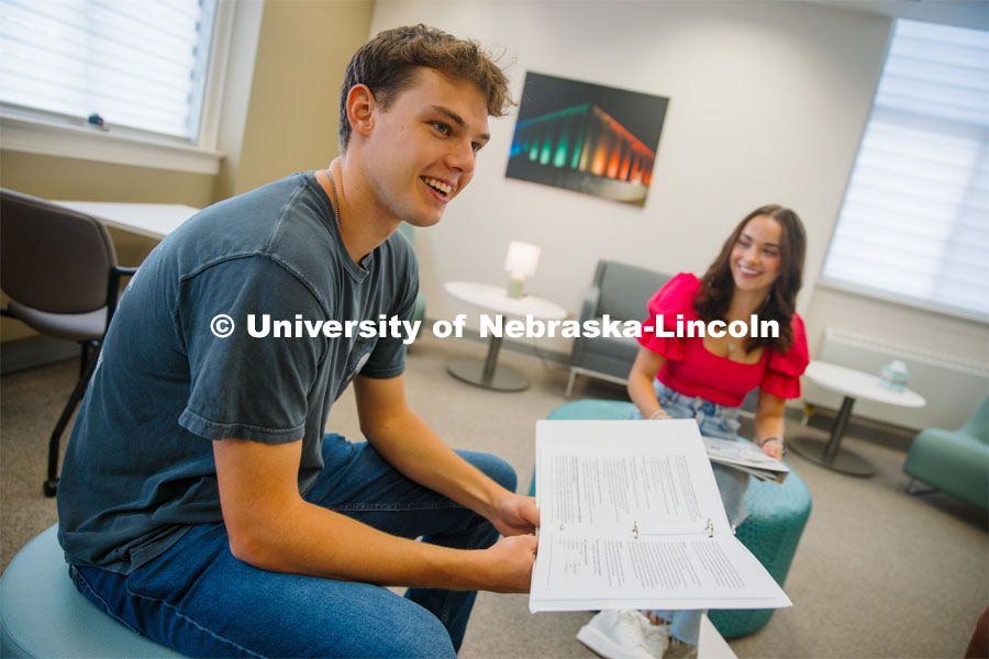 CARE Peer Educators James Jura and Lydia Storm discuss hosting Sexual Assault and Relationship Violence Prevention workshops. CARE Peer Educators. September 20, 2023. Photo by Matthew Strasburger / University Communication.