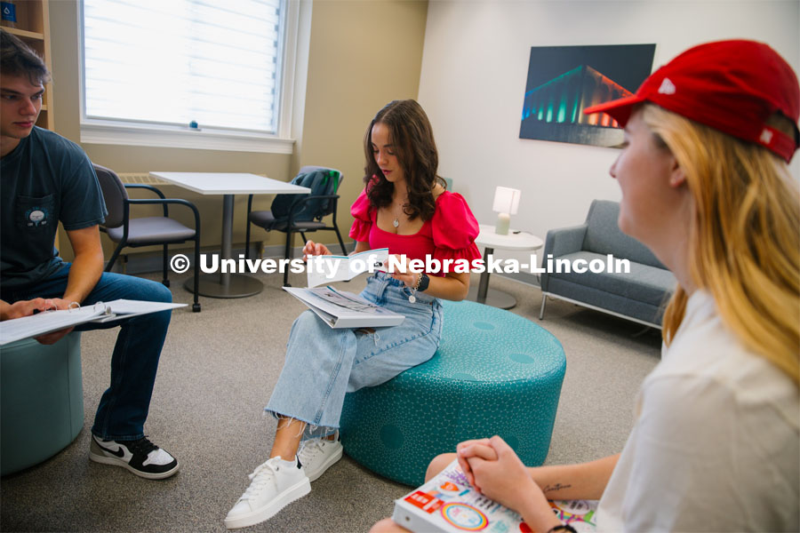 CARE Peer Educators Lydia Storm of Lawrence, KS and Kaitlyn Richards of Ankeny, Iowa discuss hosting Sexual Assault and Relationship Violence Prevention workshops. CARE Peer Educators. September 20, 2023. Photo by Matthew Strasburger / University Communication.