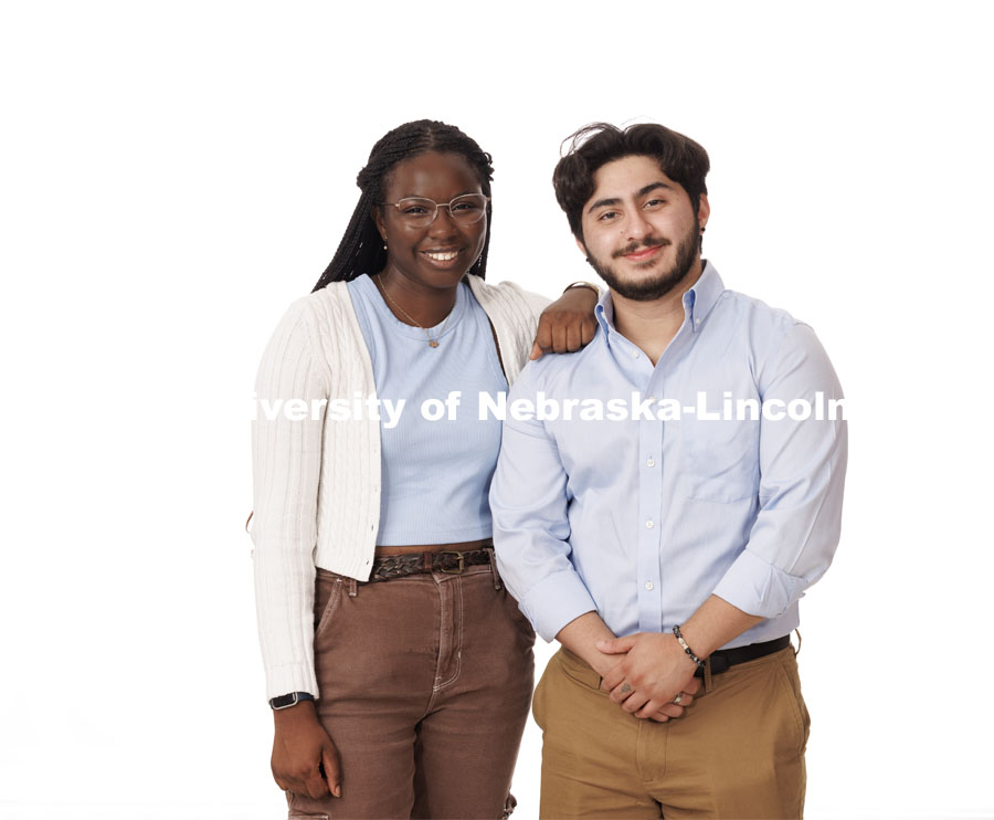 Maryam Sule and Derick Vasquez are both chemical engineering majors pose for the College of Engineering poster. September 20, 2023. Photo by Craig Chandler / University Communication.