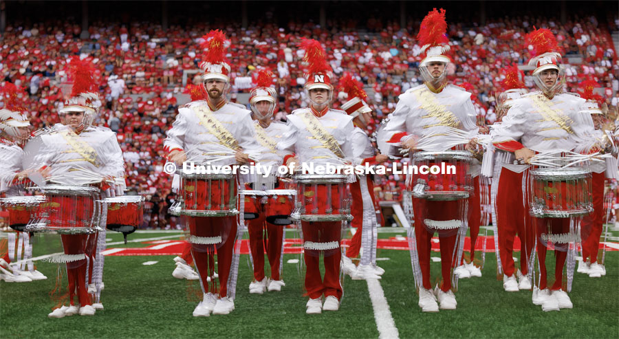 Husker snare drums in a multiple exposure. Nebraska football vs. Louisiana Tech. August 23, 2023. Photo by Craig Chandler/ University Communication.