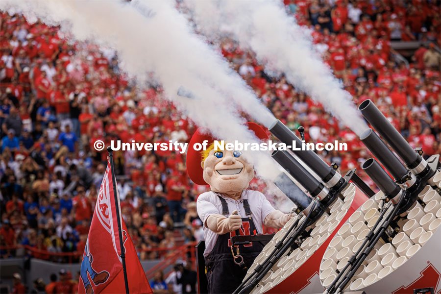 Herbie Husker fires t-shirts into the crowd from a trailer-pulled-multiple-barreled t-shirt cannon. Nebraska football vs. Louisiana Tech. August 23, 2023. Photo by Craig Chandler/ University Communication.