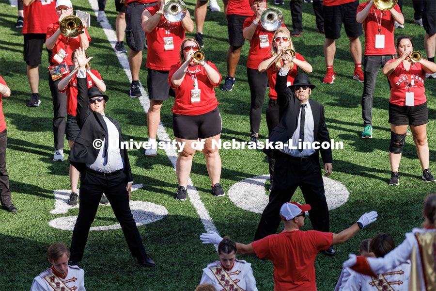 The halftime show honored the music of the Blues Brothers.  The Blues Brothers were played by current Husker band member Jacob Vanderford, left, and Jon Vanderford, his dad and former band member. Nebraska football vs. Louisiana Tech. August 23, 2023. Photo by Craig Chandler/ University Communication.