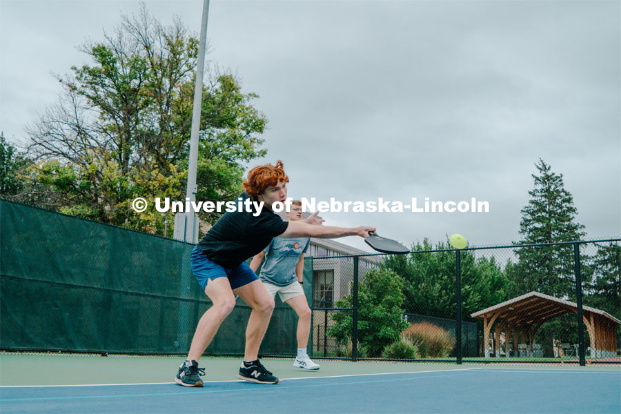 Students playing pickleball at the East Campus tennis courts. Lincoln Pickleball Club. September 23, 2023. Photo by Matthew Strasburger / University Communication. 