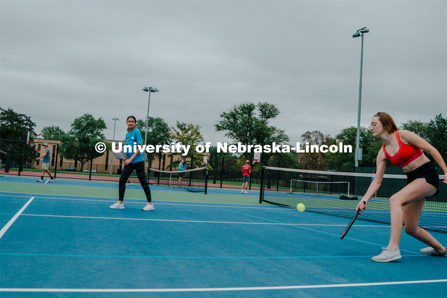 Students playing pickleball at the East Campus tennis courts. Lincoln Pickleball Club. September 23, 2023. Photo by Matthew Strasburger / University Communication. 