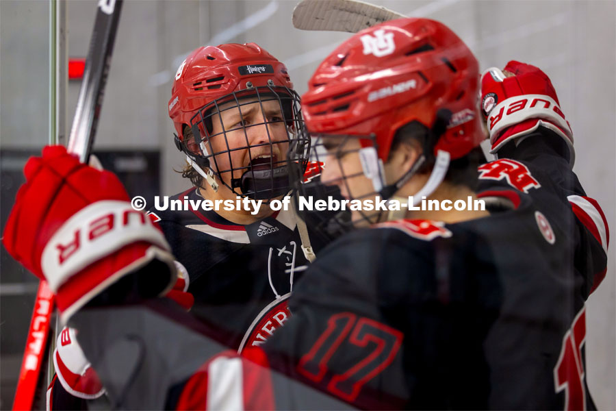 Sean Rodgers hypes up teammate Zack Brown. Husker Hockey at Breslow Ice Hockey Center. October 7, 2023. Photo by Dillon Galloway for University Communication and Marketing.
