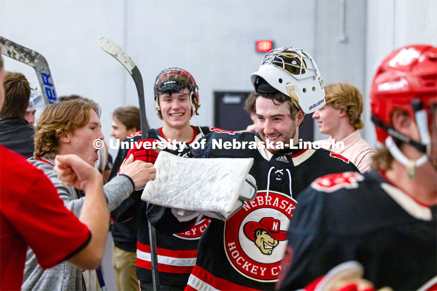 Goalie Liam Scott celebrates the win over Dallas Baptist University. Husker Hockey at Breslow Ice Hockey Center. October 7, 2023. Photo by Dillon Galloway for University Communication and Marketing.