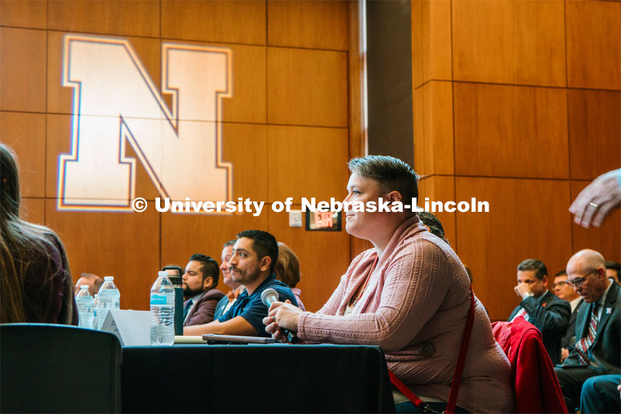 Jocelyn Arnett (right) of Bellevue University joined student veterans from around the state in meeting Denis McDonough, the secretary of Veterans Affairs, at the Wick Alumni Center. McDonough visited Nebraska U to discuss the ongoing implementation of expanded health care services for veterans. October 12, 2023. Photo by Matthew Strasburger / University Communication.