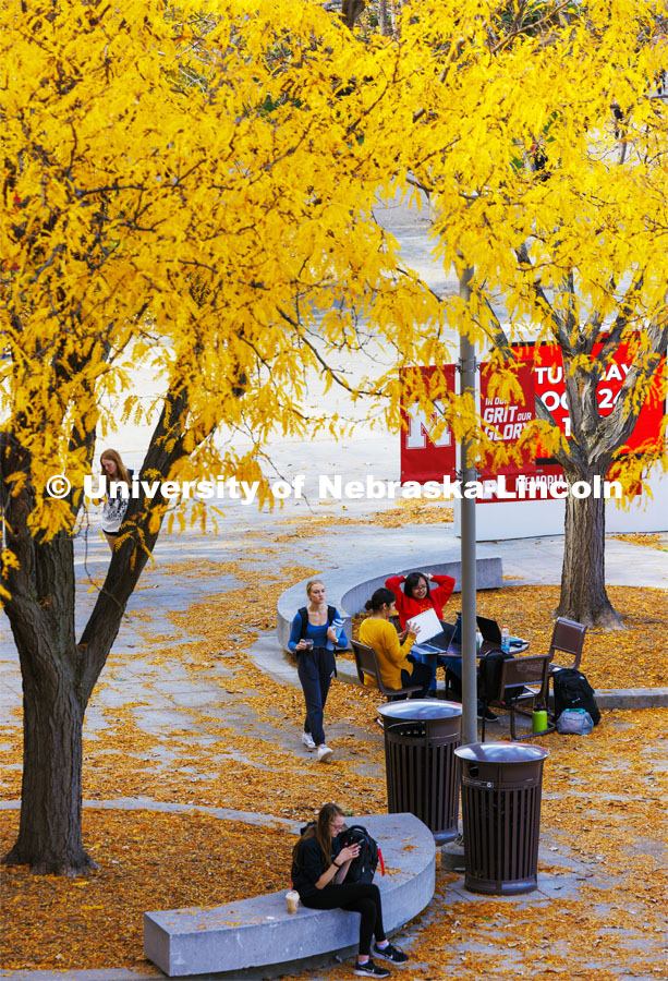 Students on the plaza studying outside of the Nebraska Union. Fall on city campus. October 24, 2023. Photo by Craig Chandler / University Communication.