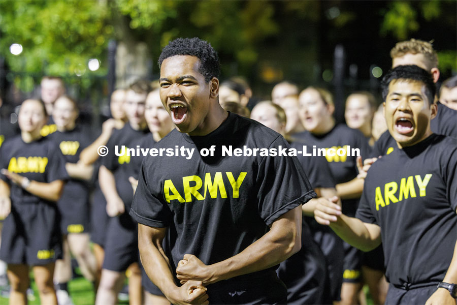 ROTC Joint Field Meet is like an ROTC Olympics for the Nebraska cadets and midshipmen. Army, Air Force and Navy/Marine cadets and midshipmen compete in events such as Maneuvering Under Fire, Log Sit-ups, Tug-Of-War, Casualty Evacuation and Ultimate Frisbee. Army beat Navy in a sudden death 4x400 relay to claim the title. October 26, 2023. Photo by Craig Chandler / University Communication.