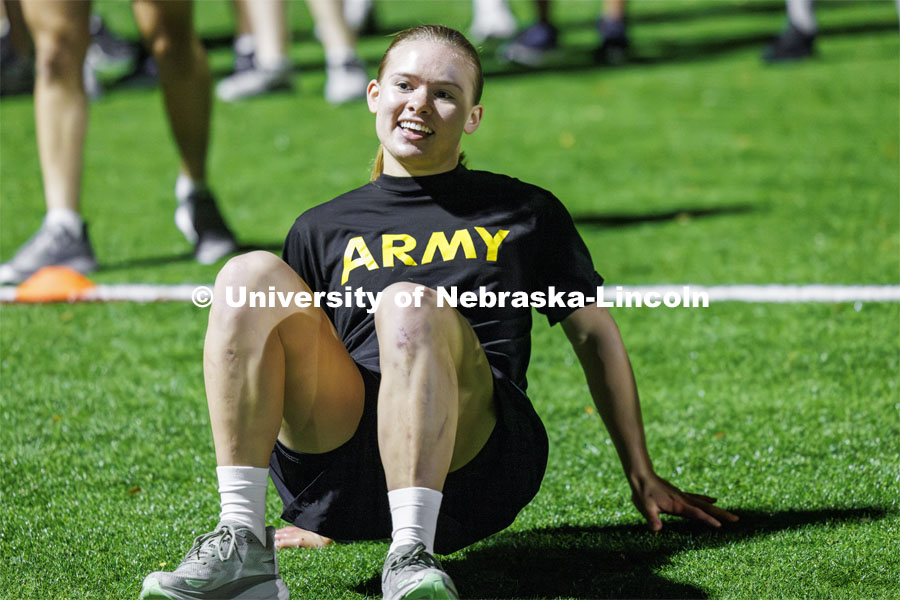 ROTC Joint Field Meet is like an ROTC Olympics for the Nebraska cadets and midshipmen. Army, Air Force and Navy/Marine cadets and midshipmen compete in events such as Maneuvering Under Fire, Log Sit-ups, Tug-Of-War, Casualty Evacuation and Ultimate Frisbee. Army beat Navy in a sudden death 4x400 relay to claim the title. October 26, 2023. Photo by Craig Chandler / University Communication.