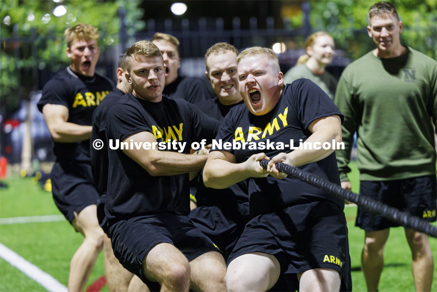 Army cadet Jacob Lang lets out a roar as the Army won their tug. ROTC Joint Field Meet is like an ROTC Olympics for the Nebraska cadets and midshipmen. Army, Air Force and Navy/Marine cadets and midshipmen compete in events such as Maneuvering Under Fire, Log Sit-ups, Tug-Of-War, Casualty Evacuation and Ultimate Frisbee. Army beat Navy in a sudden death 4x400 relay to claim the title. October 26, 2023. Photo by Craig Chandler / University Communication.