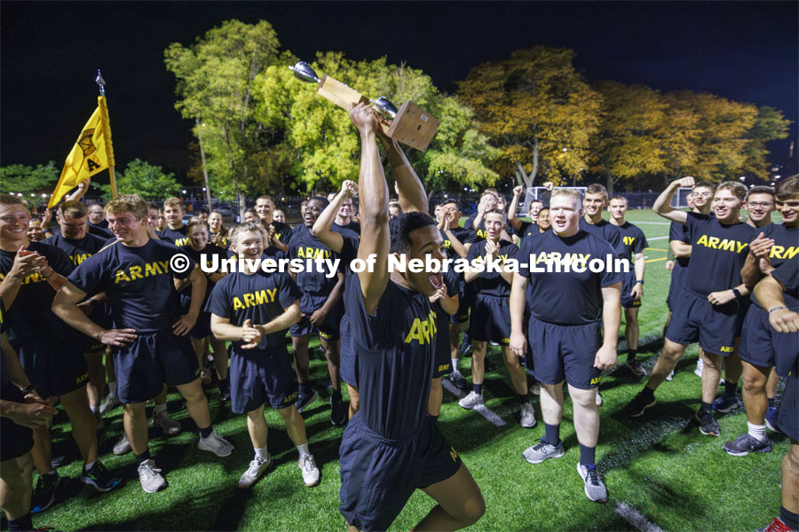 ROTC Joint Field Meet is like an ROTC Olympics for the Nebraska cadets and midshipmen. Army, Air Force and Navy/Marine cadets and midshipman compete in events such as Maneuvering Under Fire, Log Sit-ups, Tug-Of-War, Casualty Evacuation and Ultimate Frisbee. Army beat Navy in a sudden death 4x400 relay to claim the title. October 26, 2023. Photo by Craig Chandler / University Communication.