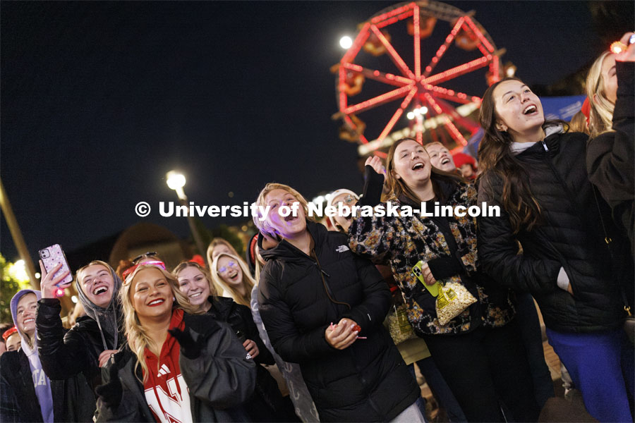 Students cheer on the competitors in the jester competition. Homecoming parade and Cornstock. October 27, 2023. Photo by Craig Chandler / University Communication.