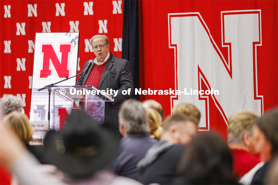 Rick Alloway, Associate Professor of Broadcasting, gives opening remarks at the Salute to Service in the Coliseum. October 27, 2023. Photo by Craig Chandler / University Communication.