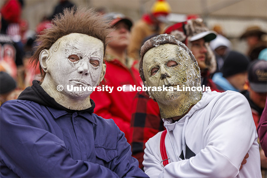 Ghouls just want to have fun, Wesley Helmer and Payton Craw pose for a scary portrait. Nebraska football versus Purdue Homecoming game. October 28, 2023. Photo by Craig Chandler / University Communication.