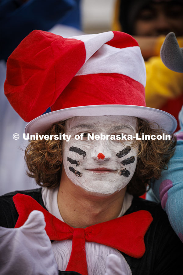 One fan dressed as the Cat in the Hat. Nebraska football versus Purdue Homecoming game. October 28, 2023. Photo by Craig Chandler / University Communication.