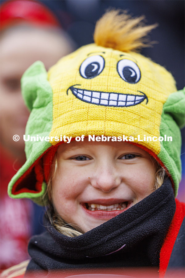 One young husker sports a corn hat. Nebraska football versus Purdue Homecoming game. October 28, 2023. Photo by Craig Chandler / University Communication.