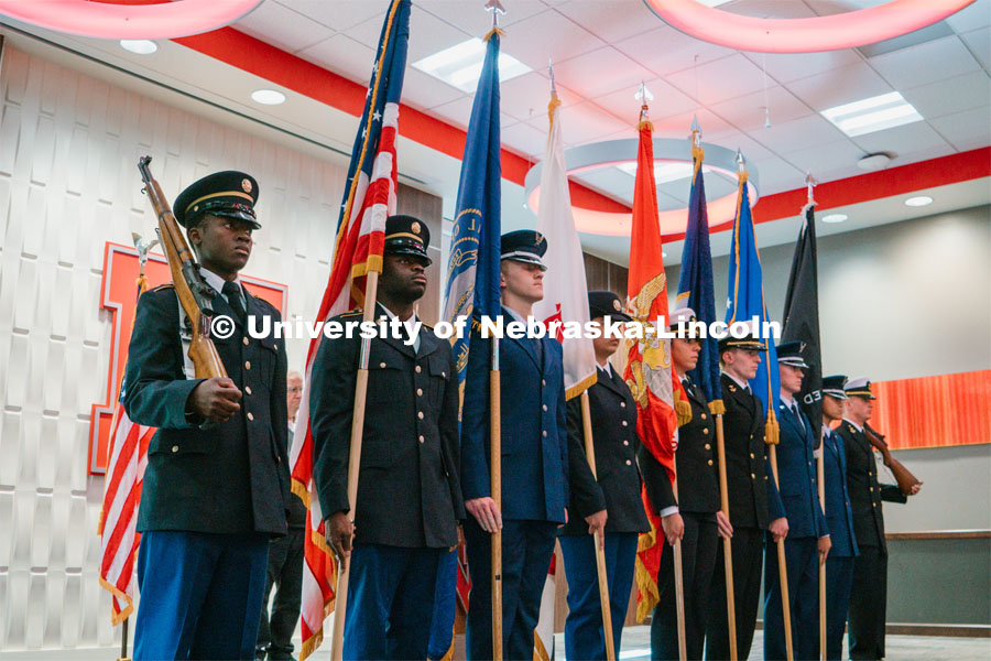 Members of the ROTC Joint Color Guard present the colors to open the National Roll Call. November 11, 2023. Photo by Matthew Strasburger / University Communication.