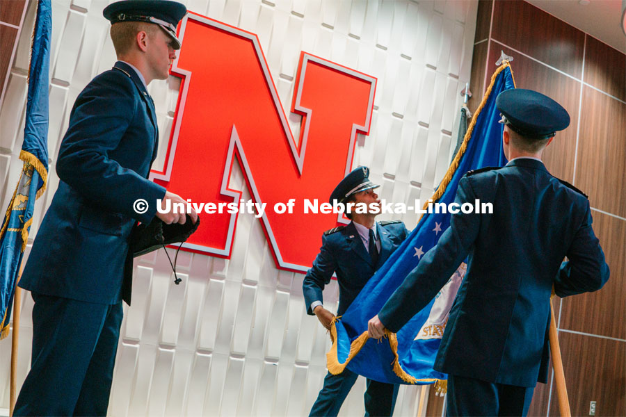 Members of the ROTC Joint Color Guard present the colors to open the National Roll Call. November 11, 2023. Photo by Matthew Strasburger / University Communication.