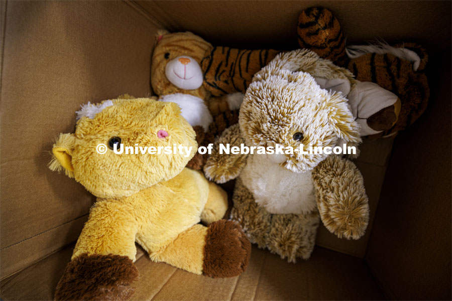 A box of stuffed animals for Holidays for Little Huskers. November 16, 2023. Photo by Craig Chandler / University Communication and Marketing
