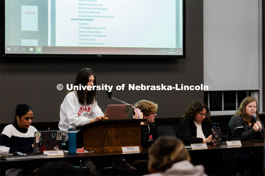 ASUN weekly senate meeting in Nebraska Union. November 29, 2023. Photo by Kylie Galvin / Office of Student Affairs.