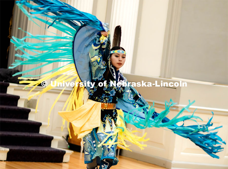 On Thursday, the University of Nebraska Intertribal Exchange (UNITE) hosted their annual Native American Heritage Showcase during Native American Heritage Month. They brought many speakers and dancers in an effort to spread more information about Native Americans: including Leah Goddard of the Omaha Tribe showcasing the traditional dance Women’s Fancy Shawl. November 30, 2023. Photo by Kylie Galvin / Office of Student Affairs.