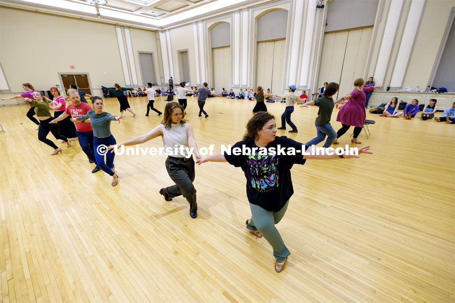Students perform a waltz in the ballroom. Ballroom Dancing Club works through their final practice in the Nebraska Union Ballroom Thursday night before Saturday’s show. December 7, 2023. Photo by Craig Chandler / University Communication and Marketing.