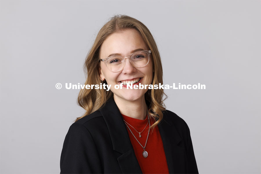 Studio portrait of Ana Wombacher. New Student Enrollment Orientation Leaders. December 11, 2023. Photo by Craig Chandler / University Communication and Marketing.