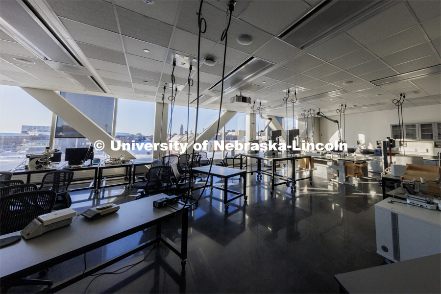 A robotics lab with a view. Kiewit Hall. January 16, 2024. Photo by Craig Chandler / University Communication and Marketing.