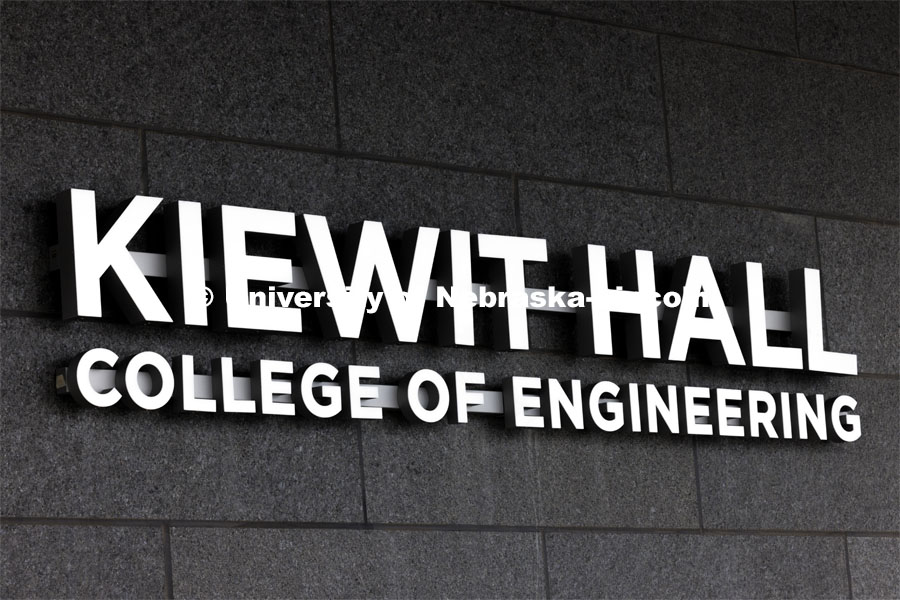 Kiewitt Hall College of Engineering sign. First day of classes in Kiewit Hall. January 22, 2024. Photo by Craig Chandler / University Communication and Marketing.