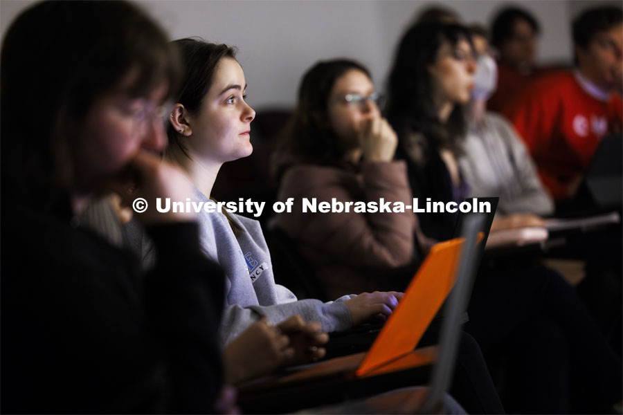 Jordan Harper listens as Adrian Wisnicki teaches his Being Human in a Digital Age course where AI is being taught and discussed. February 12, 2024. Photo by Craig Chandler / University Communication and Marketing.