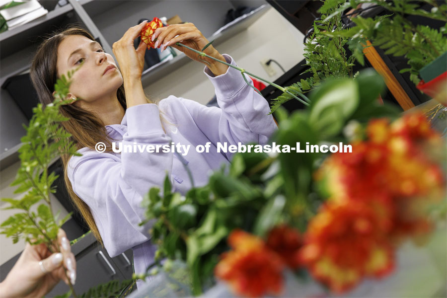 Sarah Thygesen fluffs a carnation while building her bouquet. Stacy Adams teaches PLAS 261 - Floral Design I in the Plant Science Building on East Campus. February 14, 2024. Photo by Craig Chandler / University Communication and Marketing.