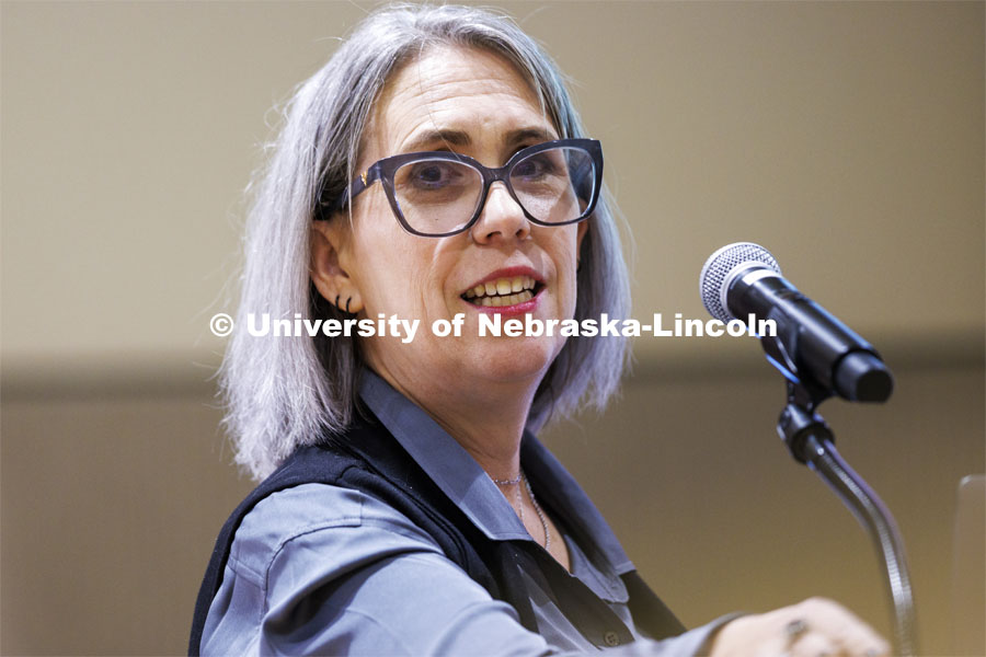 Deborah Bathke, interim Nebraska State Climatologist, talks to the Climate Resilient Communities Symposium. Nebraska East Union. February 27, 2024. Photo by Craig Chandler / University Communication and Marketing.