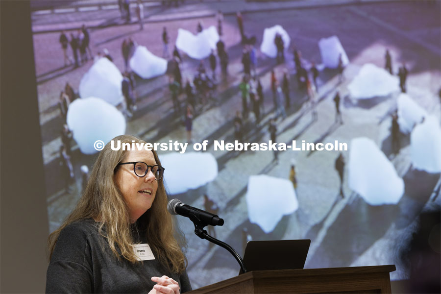 Dana Fritz, Professor of School of Art, Art History and Design describes how artwork can bring home climate change and make it more memorable. Behind her is Ice Watch, 2014 by the Swedish artist Olafur Eliasson. Climate Resilient Communities Symposium. Nebraska East Union. February 27, 2024. Photo by Craig Chandler / University Communication and Marketing.