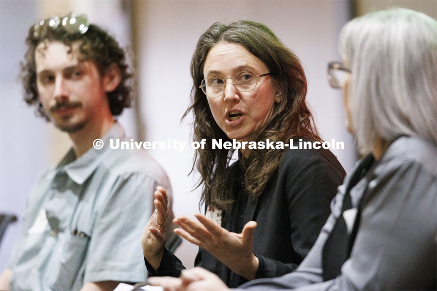Katie Anania, Assistant Professor in the School of Art, Art History and Design, talks during the afternoon panel discussion. Climate Resilient Communities Symposium. Nebraska East Union. February 27, 2024. Photo by Craig Chandler / University Communication and Marketing.