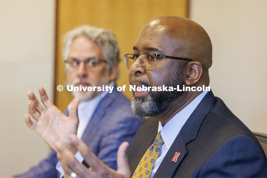 Chancellor Rodney D. Bennett, right, and Dean Andy Belser at the Hixon Lied College of Fine and Performing Arts listening session. April 12, 2024. Photo by Craig Chandler / University Communication and Marketing.